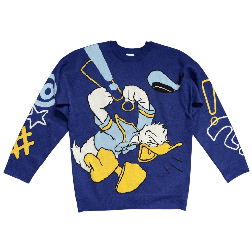 Disney Parks Angry Donald Duck Blue Knit‎ Pullover Sweater Size S